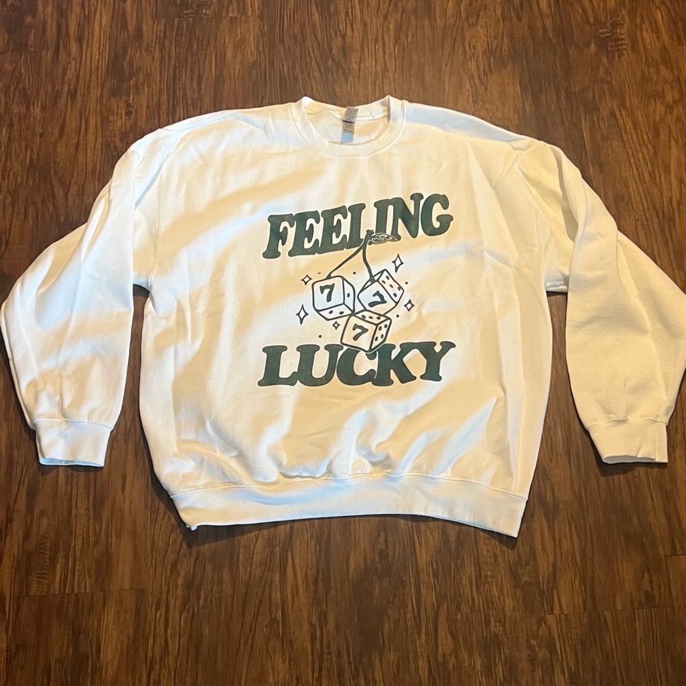 Gildan White 'Feeling Lucky' Men's Crewneck Sweater